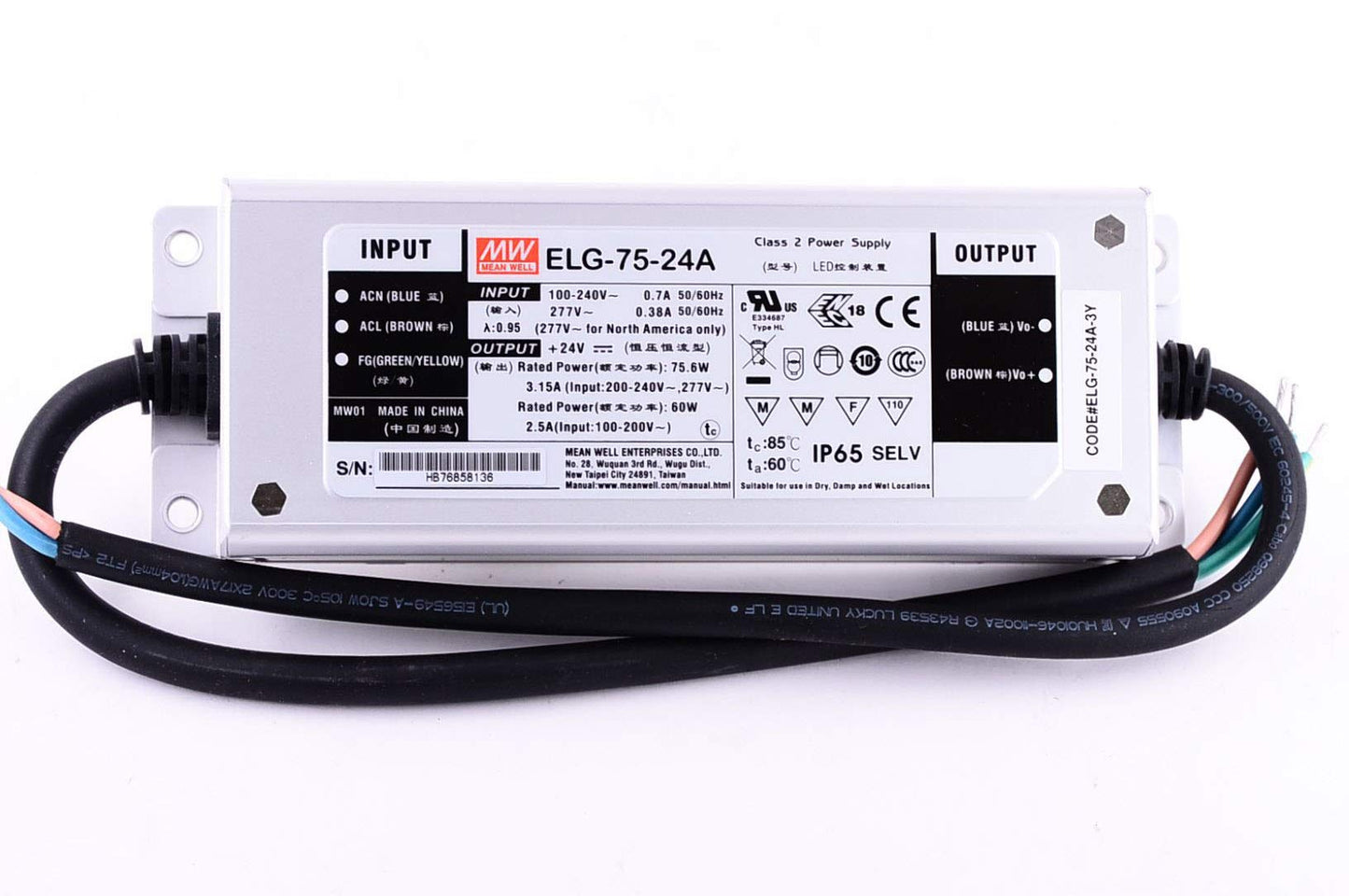 Alimentation Mean Well 75W 24V IP65 ELG-75-24A-3Y avec PFC