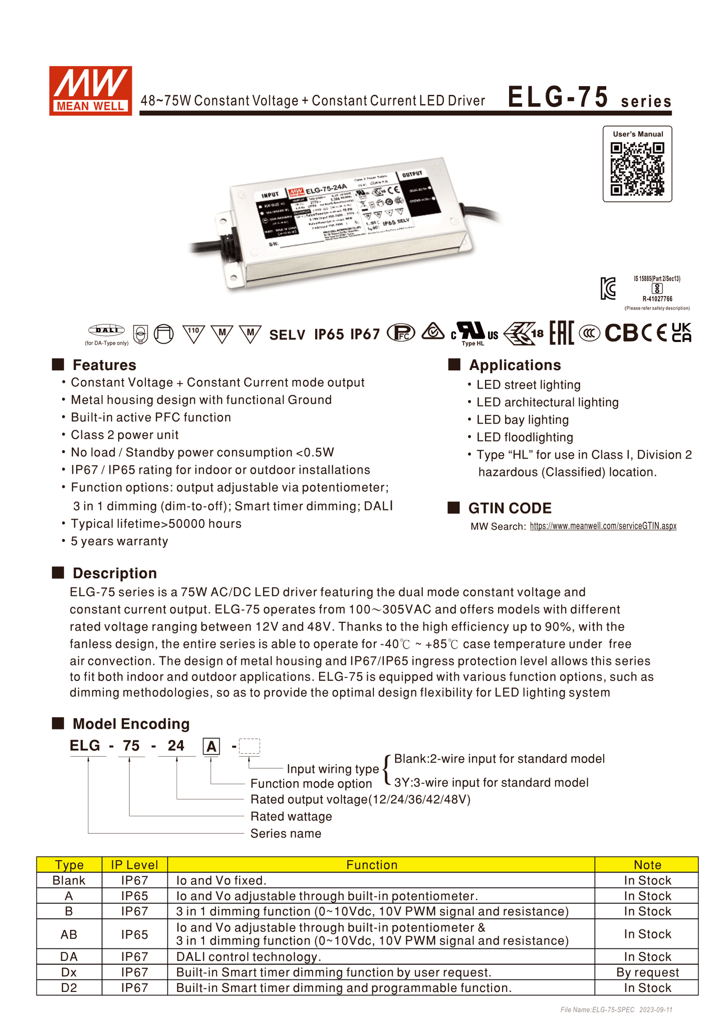 Alimentation Mean Well 75W 24V IP65 ELG-75-24A-3Y avec PFC