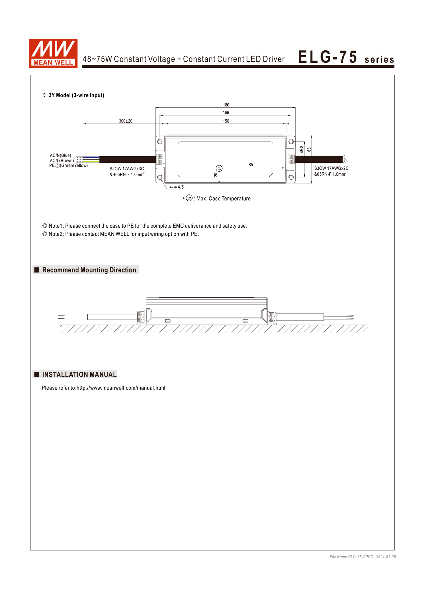 Alimentation Mean Well 75W 24V IP65 ELG-75-24A-3Y avec PFC