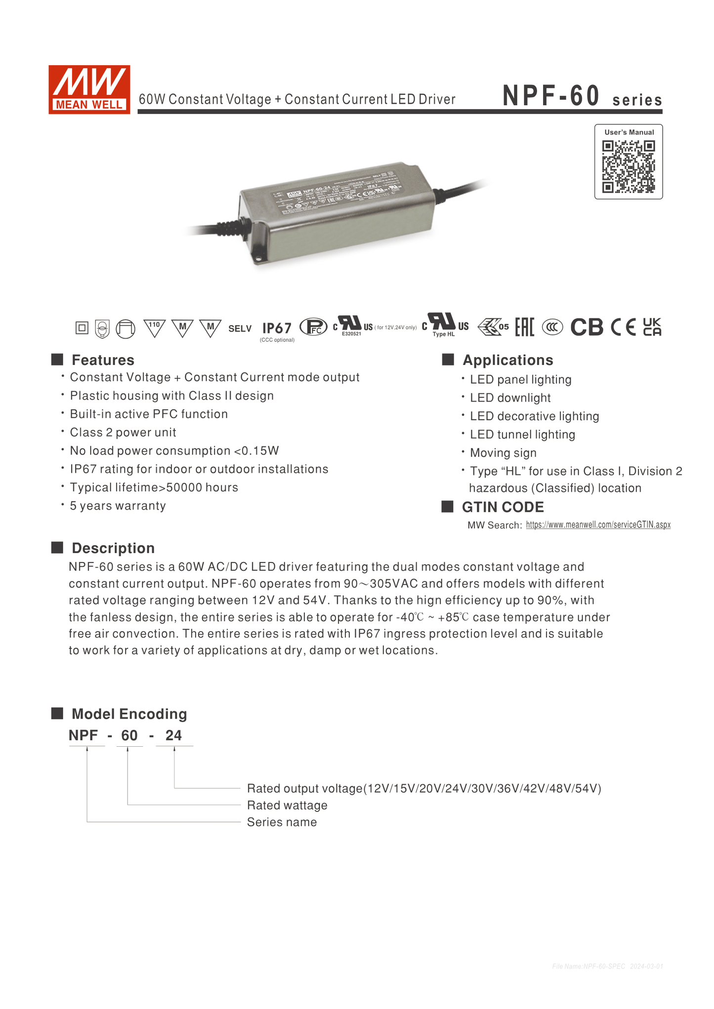 Alimentation Mean Well 60W 24V IP67 NPF-60-24 avec PFC