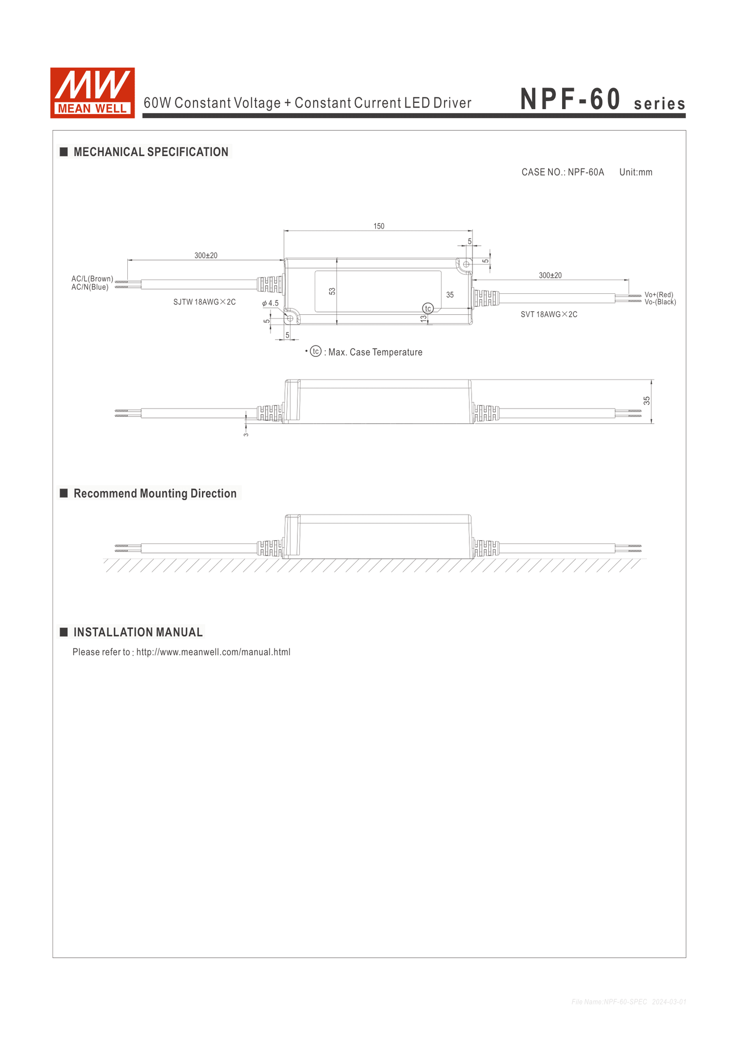 Alimentation Mean Well 60W 24V IP67 NPF-60-24 avec PFC